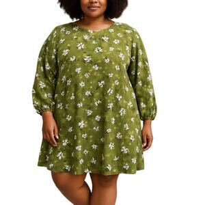 New Look Green White Floral Long Puff Sleeve Crew Neck Mini Shift Dress Size 22